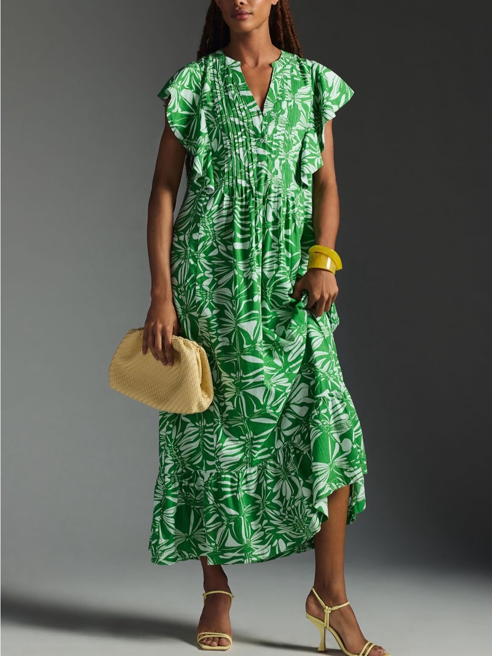 Maeve by Anthropologie Green Floral Maxi Dress with Pockets